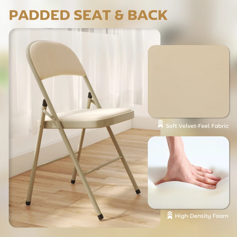 HOMCOM 4 Pack Folding Chairs with Padded Seats, Velvet Portable Party Chairs with Steel Frame, Beige