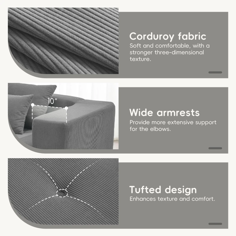 L-Shaped Tufted Modular Sectional Sofa with 4 Pillows, High-Density Foam, Minimalist Corduroy Fabric Couch, 105.5" L x 45" W x 31.5" H, Gray