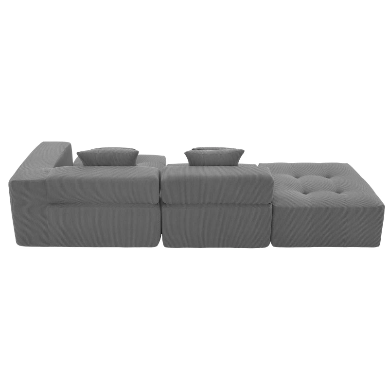L-Shaped Tufted Modular Sectional Sofa with 4 Pillows, High-Density Foam, Minimalist Corduroy Fabric Couch, 105.5" L x 45" W x 31.5" H, Gray