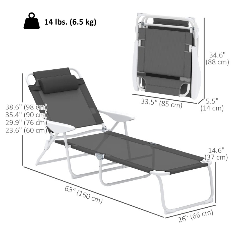 Outsunny Outdoor Sun Lounger, Folding Chaise Lounge with 4-level Adjustable Backrest, Charcoal Grey