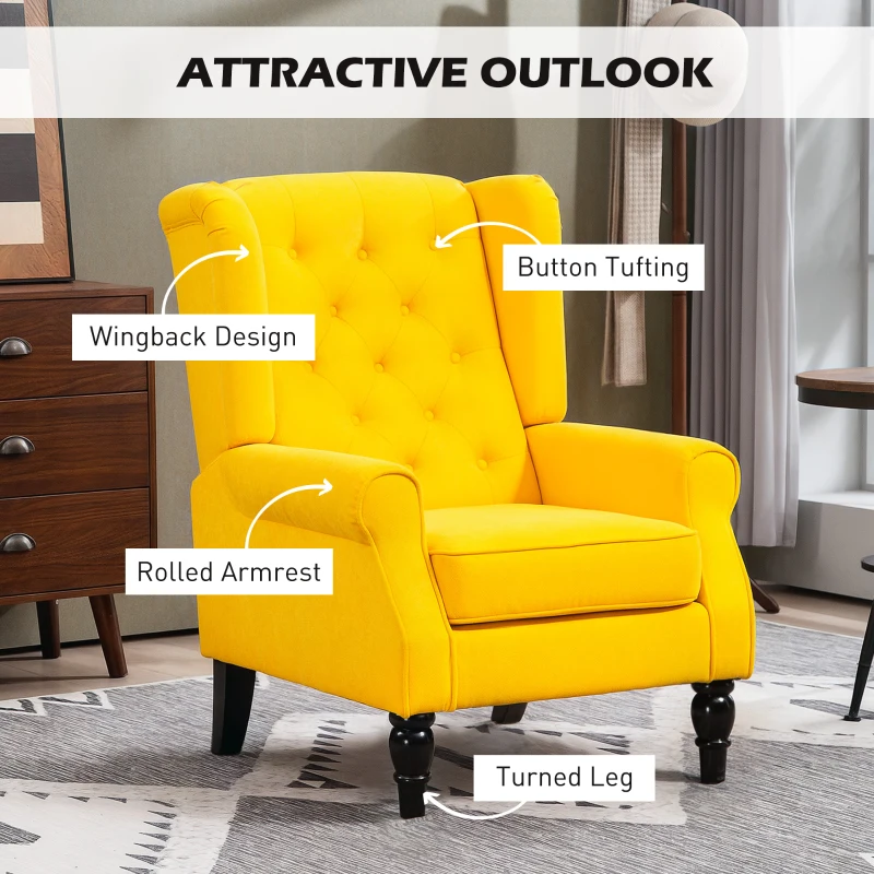 HOMCOM Wingback Accent Chair for Living Room, Button-Tufted Lounge Chair with Round Armrests and Wood Legs, Yellow