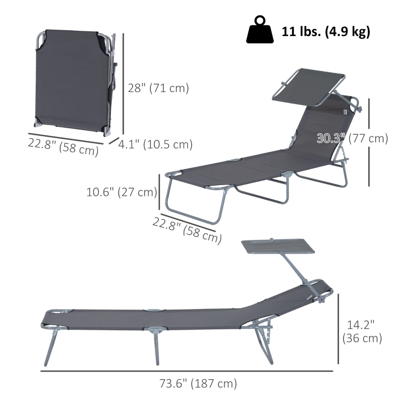 Outsunny Outdoor Lounge Chair, Adjustable Folding Chaise Lounge,  Tanning Chair with Sun Shade for Beach, Camping, Hiking, Backyard, Grey