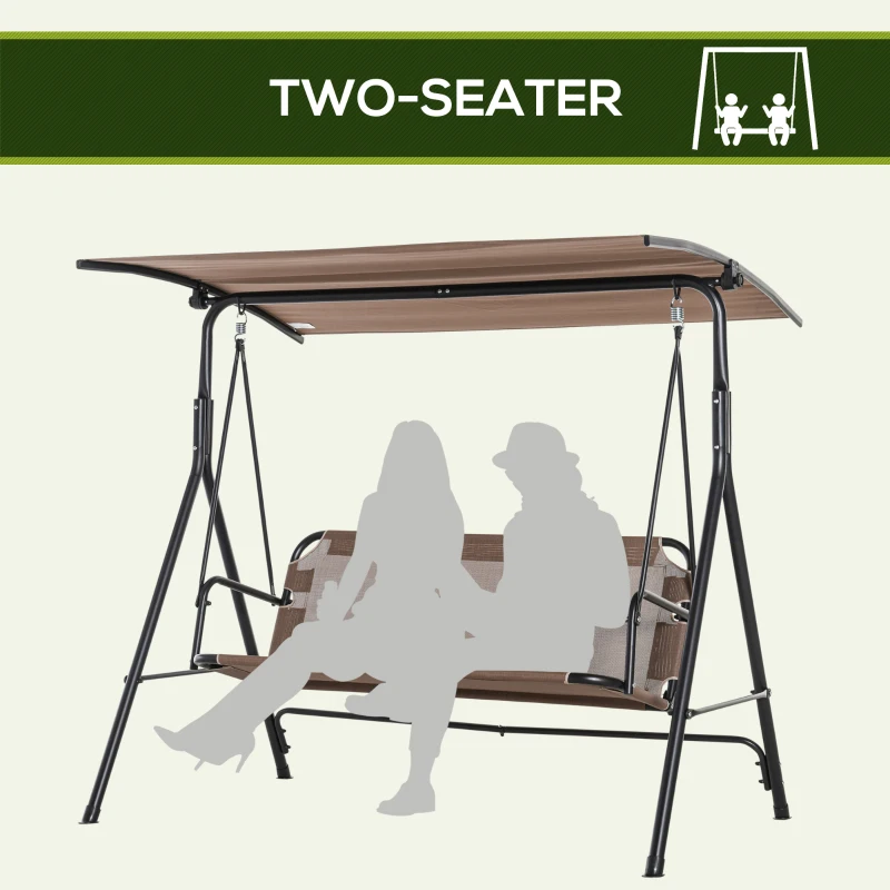 Outsunny 2-Person Porch Swing Chair, 2 Seater Patio Swing Bench w/ Adjustable Canopy, Breathable Seat for Garden, Poolside, Brown