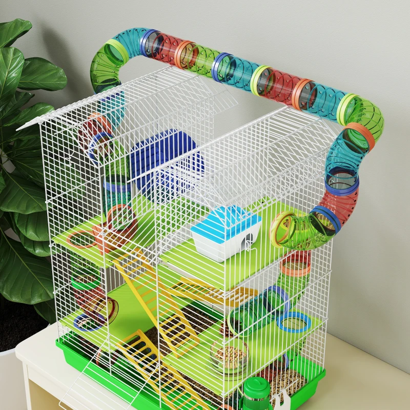 PawHut 18.5" Hamster Cage, 5 Tiers Small Animal House with Tunnel Tube System, Exercise Wheel, Water Bottle, Green