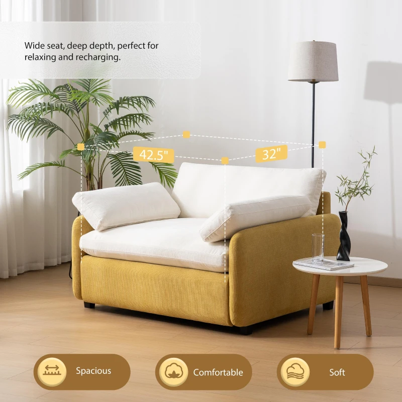 Oversized Chenille Single Sofa Chair with 2 Throw Pillows, Extra-Wide Seat, Modern Upholstered Armchair, 50" L x 43" W x 34" H, Cream+Yellow