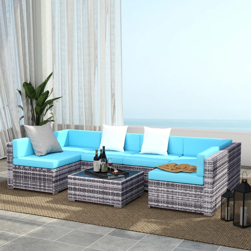 Outsunny 7 Pieces Outdoor Rattan Furniture Set, Patio Wicker Sectional Conversation Sofa Set w/ Cushions & Coffee Table