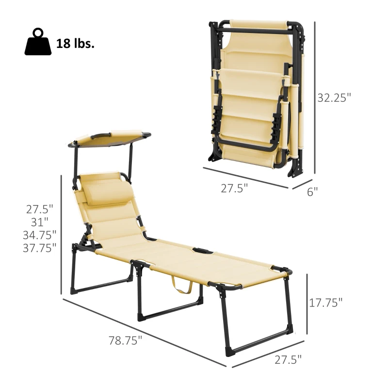Outsunny Outdoor Lounge Chair, 4 Position Adjustable Backrest, Folding, Cushioned w/ Sun Shade Roof & Pillow, Cream White