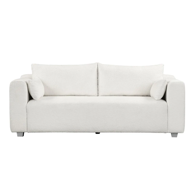 Boucle Fabric Loveseat Sofa with One-Piece Seat Frame, Extra Wide Domed Arms, 2-3 Seat Couch with 2 Pillows, 82" L x 36" W x 34" H, White