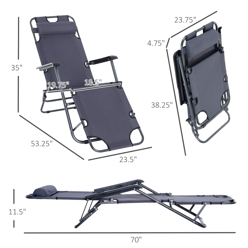 Outsunny Folding Chaise Lounge Chair, Outdoor Portable 2-Level Adjustable Recliner Zero Gravity Chair with Headrest Pillow, Armrests with Storage Mesh Pocket, Grey