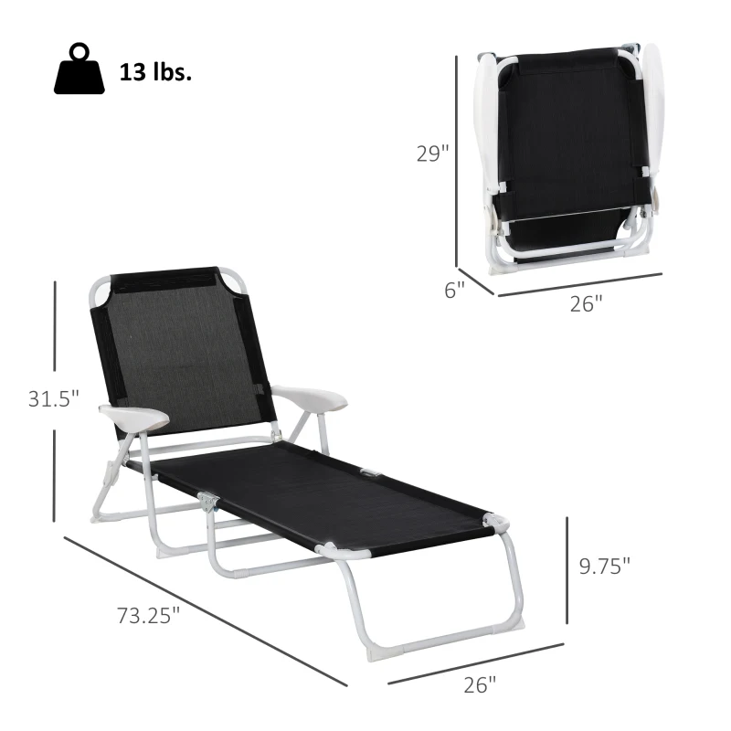 Outsunny Folding Lounge Chair, Portable Outdoor Chaise Lounge, Sun Tanning Chair with 4-Position Reclining Back, Armrests, Metal Frame and Mesh Fabric for Beach, Yard, Patio, Black