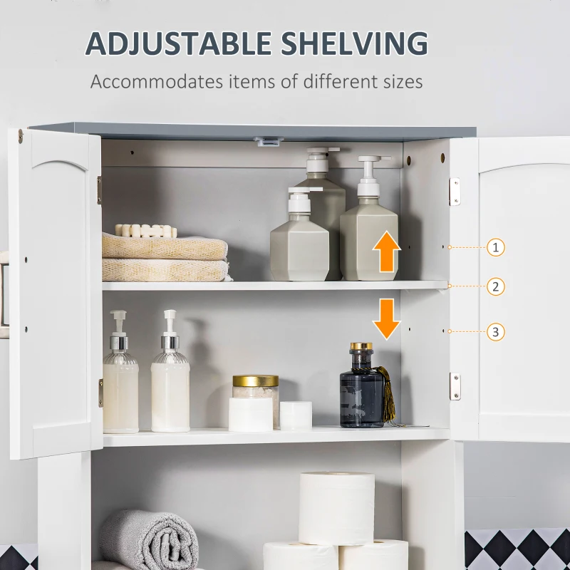 kleankin Modern Over The Toilet Storage Cabinet, Double Door Over Toilet Bathroom Organizer with Adjustable Shelf and Open Shelf, Space Saver, White