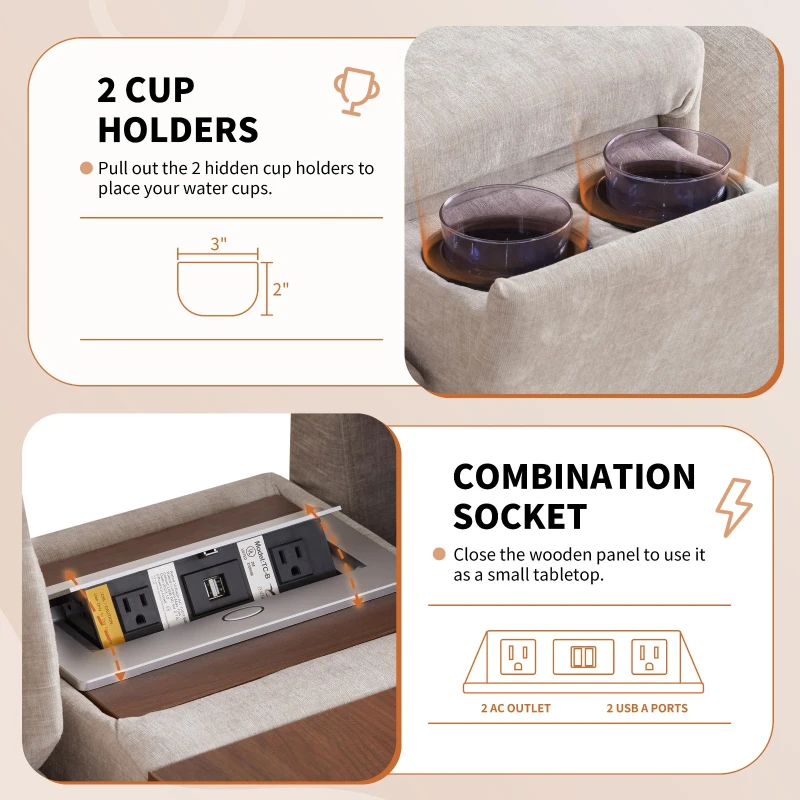 Modular Sectional Sofa with Movable Ottoman and Console, Cup Holder, USB Charger, 6-Seat U-Shaped Couch, 131" L x 59" W x 32" H, Khaki