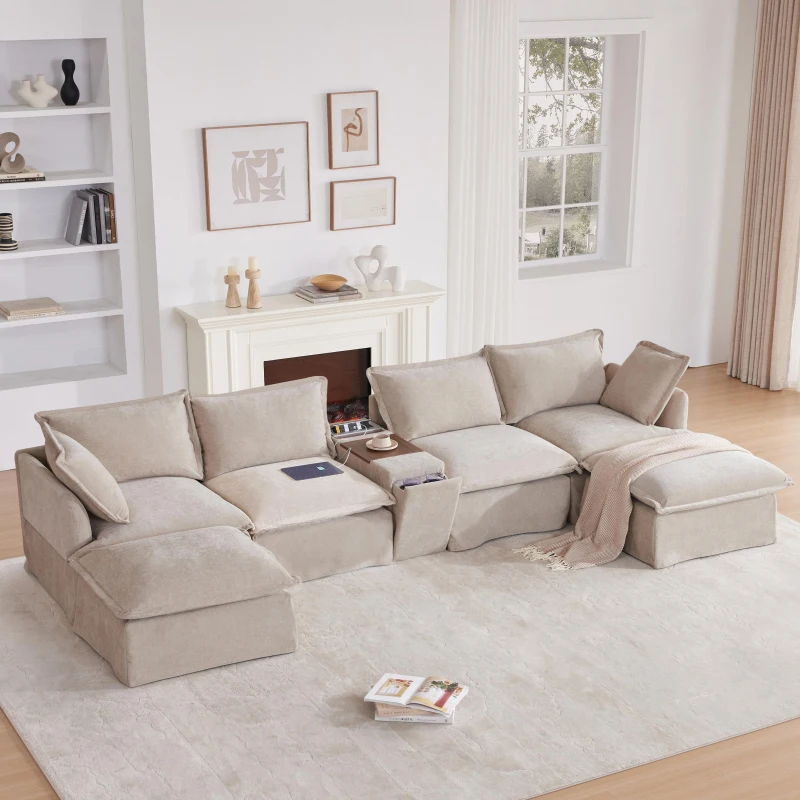 Modular Sectional Sofa with Movable Ottoman and Console, Cup Holder, USB Charger, 6-Seat U-Shaped Couch, 131" L x 59" W x 32" H, Khaki
