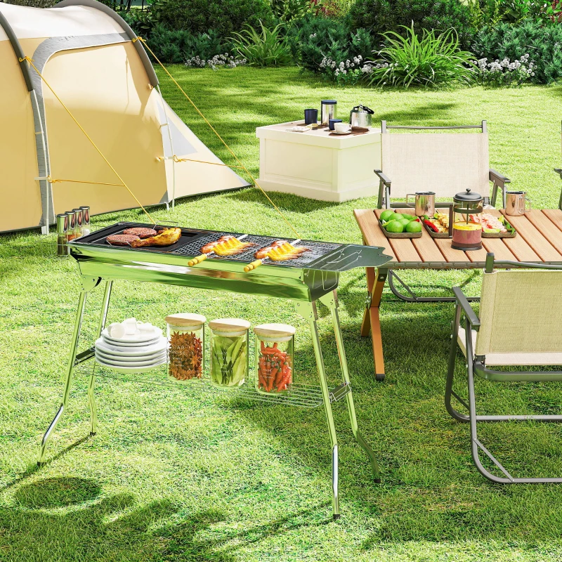 Outsunny Charcoal Barbecue Grill Stainless Steel Portable Folding Charcoal BBQ Grill Stainless Steel Camp Picnic Cooker