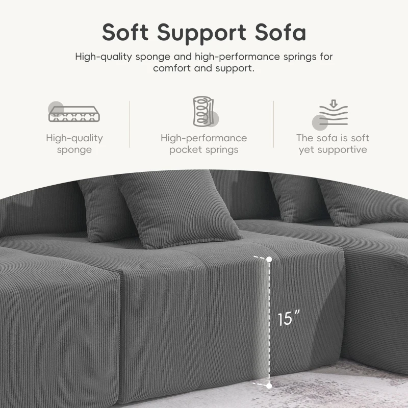 L-Shaped Tufted Modular Sectional Sofa with 4 Pillows, High-Density Foam, Minimalist Corduroy Fabric Couch, 105.5" L x 45" W x 31.5" H, Gray