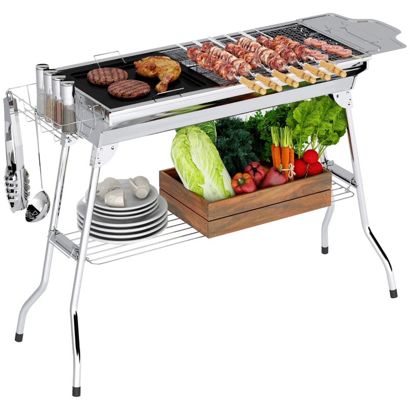 Outsunny Charcoal Barbecue Grill Stainless Steel Portable Folding Charcoal BBQ Grill Stainless Steel Camp Picnic Cooker