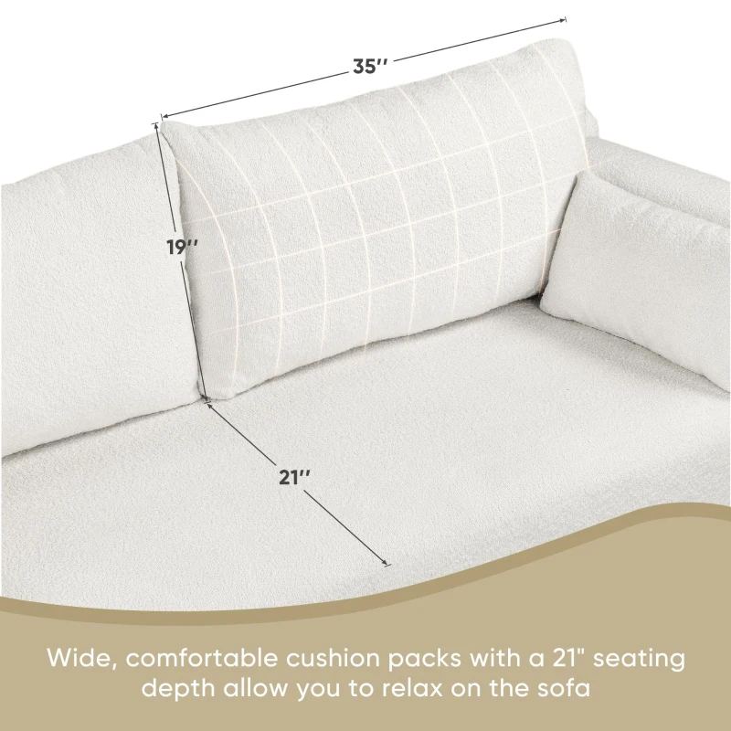 Boucle Fabric Loveseat Sofa with One-Piece Seat Frame, Extra Wide Domed Arms, 2-3 Seat Couch with 2 Pillows, 82" L x 36" W x 34" H, White