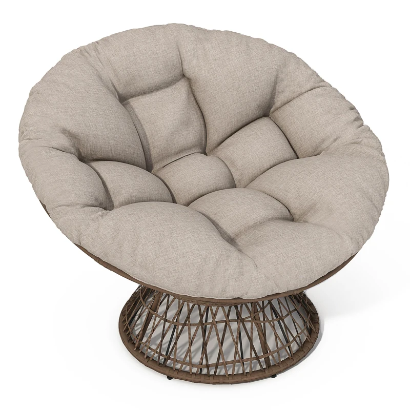 360° Swivel Ergonomic Wicker Papasan Chair with Cloud-Like Cushion, Waterproof Fabric, Adjustable Feet, 41.5" L x 33.5" W x 35.5" H, Beige+Brown