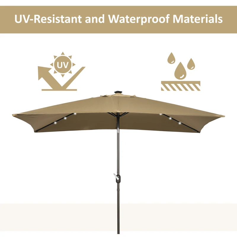 Outsunny 6.5x10ft Patio Umbrella Rectangle Solar Powered Tilt Aluminum Outdoor Market Parasol with LEDs Crank (Light Coffee)
