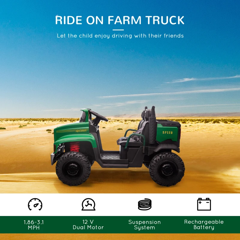 Aosom 2-Seater Kids Tractor, 12V 7Ah Electric Ride-on Car Farm Truck with Parental Control, Detachable Bucket, 2 Speeds, Music, Lights, Suspension Wheels, for 37-72 Months, Green