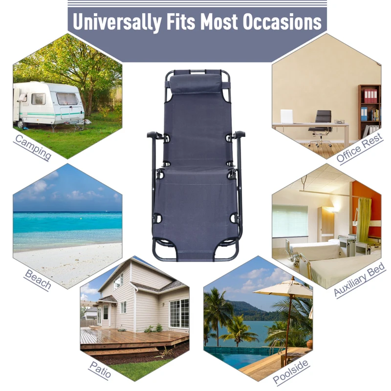 Outsunny Folding Chaise Lounge Chair, Outdoor Portable 2-Level Adjustable Recliner Zero Gravity Chair with Headrest Pillow, Armrests with Storage Mesh Pocket, Grey