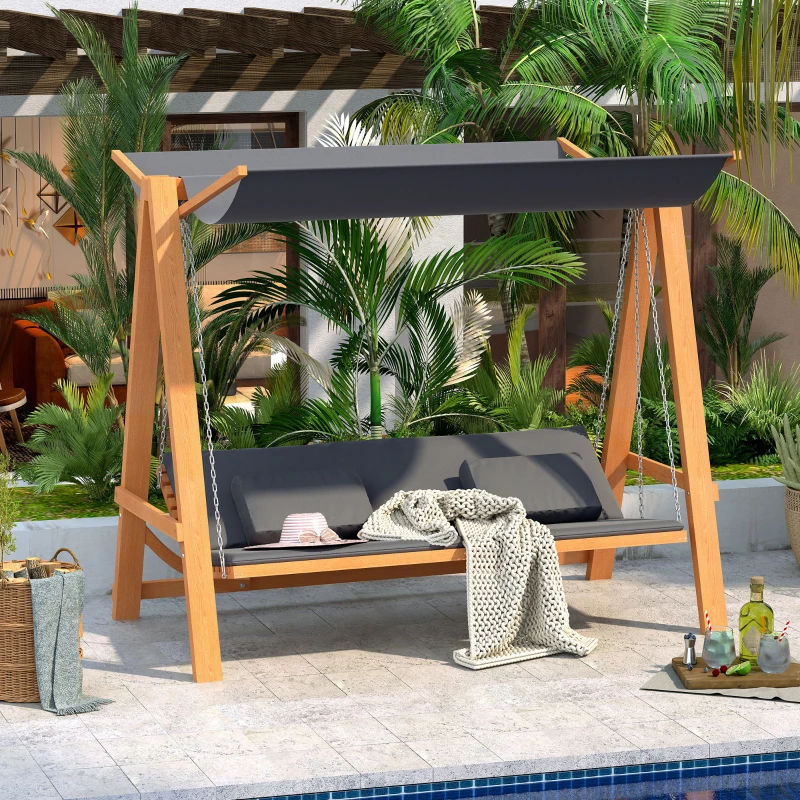 Outsunny 3 Seater Patio Swing Chair Convertible Cushioned Porch Swing Bed with Canopy, Wood Frame for Outdoor, Backyard, Garden