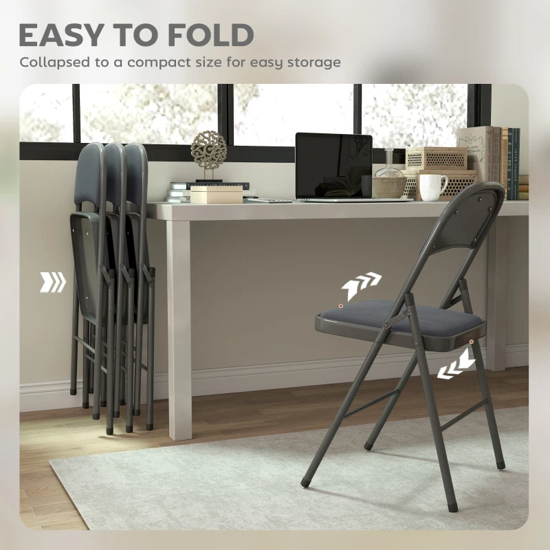 HOMCOM 4 Pack Folding Chairs with Padded Seats, Velvet Portable Party Chairs with Steel Frame, Dark Grey