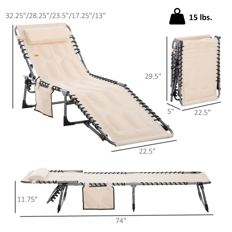 Outsunny Padded Folding Chaise Lounge Chair, Outdoor 6-Level Reclining Camping Tanning Chair with Headrest for Beach, Yard, Patio, Pool, Beige