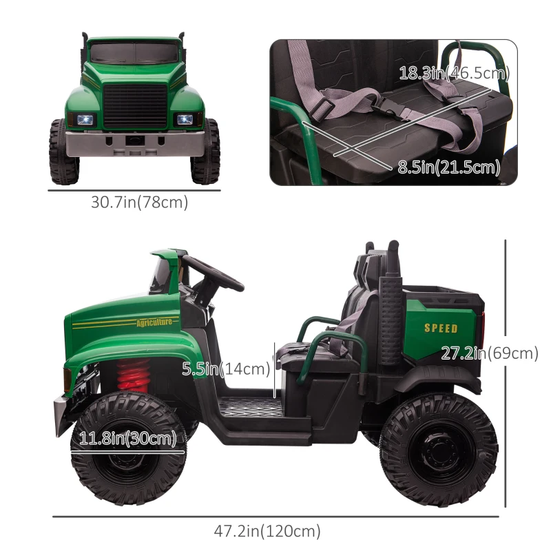 Aosom 2-Seater Kids Tractor, 12V 7Ah Electric Ride-on Car Farm Truck with Parental Control, Detachable Bucket, 2 Speeds, Music, Lights, Suspension Wheels, for 37-72 Months, Green