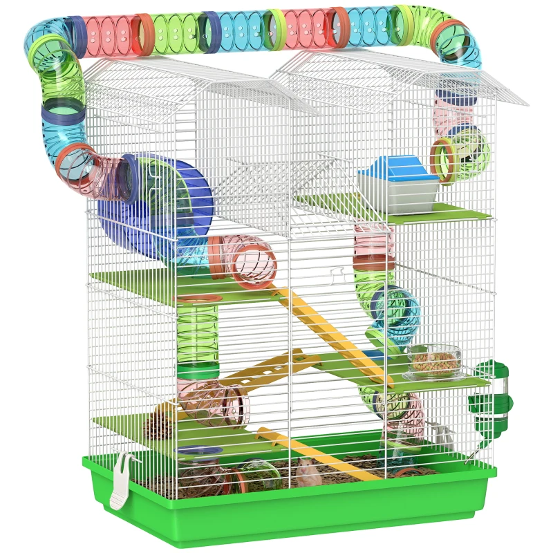 PawHut 18.5" Hamster Cage, 5 Tiers Small Animal House with Tunnel Tube System, Exercise Wheel, Water Bottle, Green