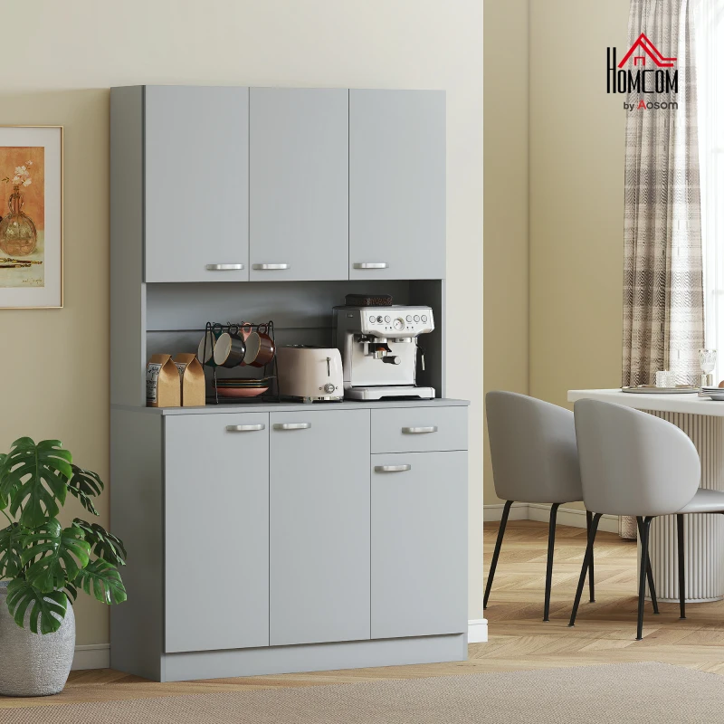 HOMCOM 71" Kitchen Pantry Cabinet, Tall Storage Cabinet with Microwave Stand, Modern Kitchen Hutch with Countertop, 6 Doors, Storage Drawer, 3 Adjustable Shelves for Living Room, Dining Room, Gray