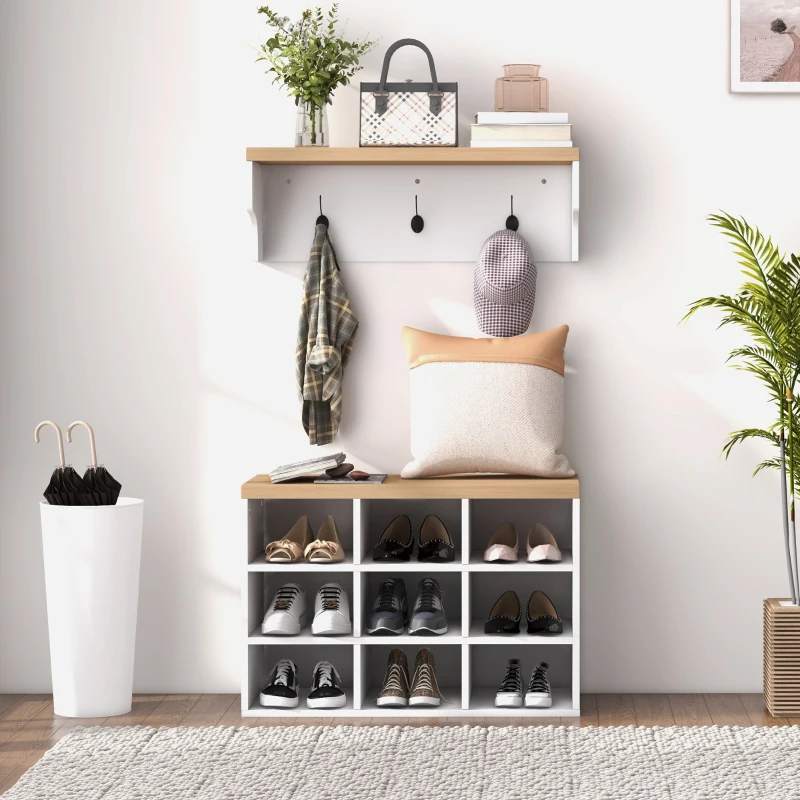 HOMCOM 2-in-1 Hall Tree, 5-Hook Coat Rack Shoe Bench Set w/ Bench and Shoe Storage for Entryway, Hallway, White