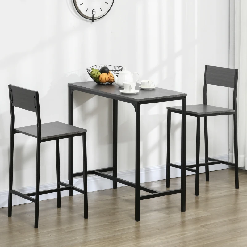 HOMCOM 3 Piece Bar Table and Chairs, Industrial Dining Table Set for 2, Counter Height Kitchen Table with Bar stools, Breakfast Table Set for 2 for Small Space, Gray