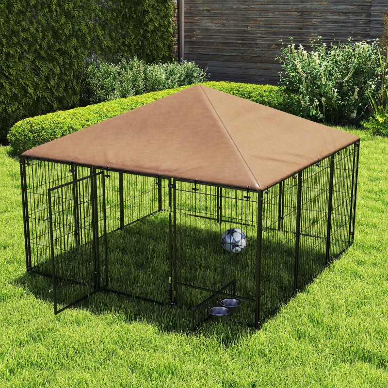 PawHut 6.9' x 6.9' x 5' Outdoor Dog Kennel with Canopy, Rotating Bowls, Coffee