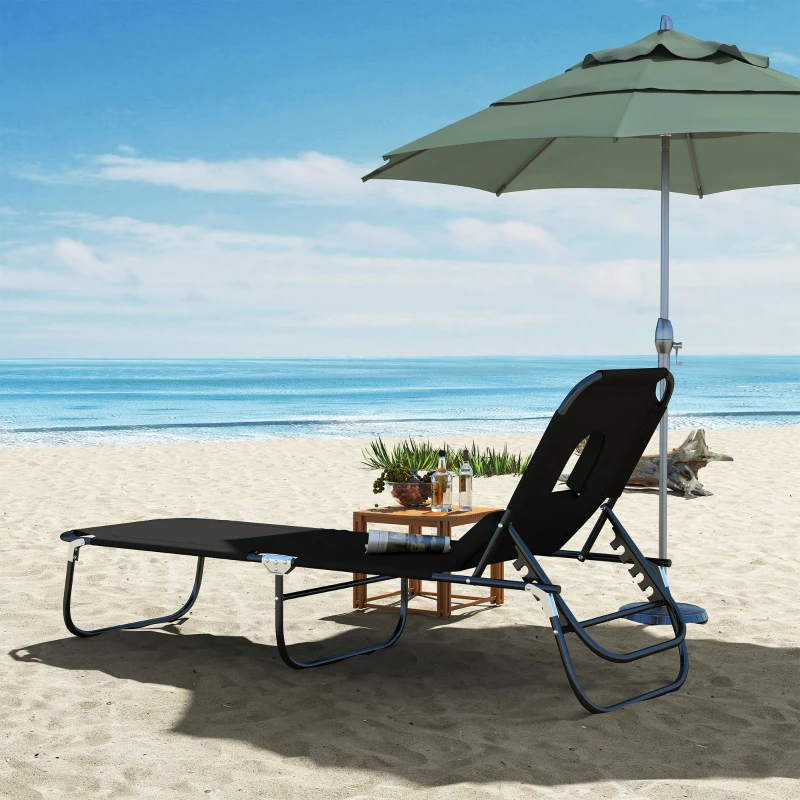 Outsunny Folding Outdoor Lounge Chair, Portable Reclining Beach Lounger with Face Hole, Detachable Pillow, 4-Position Adjustable Backrest, For Patio, Garden, Poolside, Black