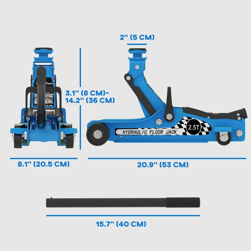 HOMCOM Low Profile Car Jack, Hydraulic Racing Floor Jack, 3.1"-14.1" Lifting Range, 2.5 Ton (5,000 lb) Capacity, Blue