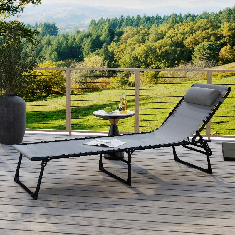 Outsunny Outdoor Folding Lounge Chair, 4-Level Adjustable Chaise Lounge with Headrest, Tanning Chair Beach Bed, Reclining Lounger Cot for Camping, Hiking, Backyard, Grey