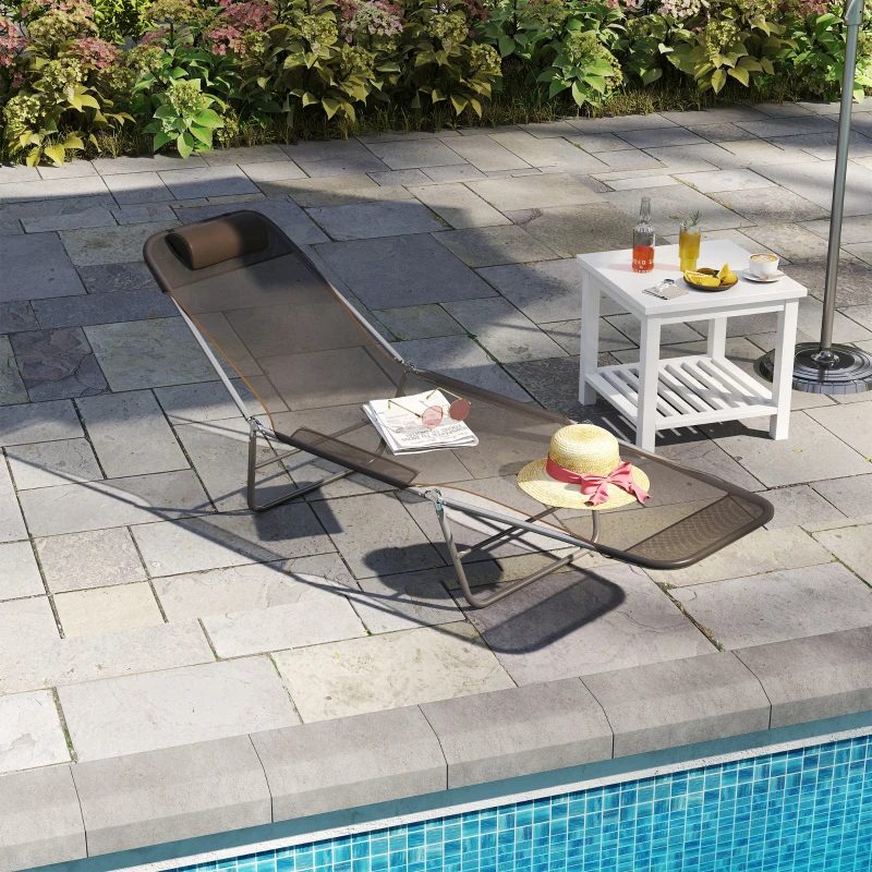 Outsunny Outdoor Lounge Chair, Portable Adjustable Reclining Seat Folding Chaise Lounge Patio Camping Beach Tanning Chair Bed with Pillow, Brown