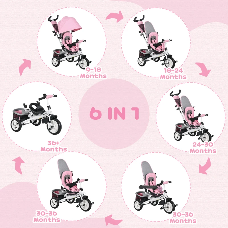 Qaba 6 in 1 Tricycle for Toddler 1-5 Years with Parent-Push Handle, Pink