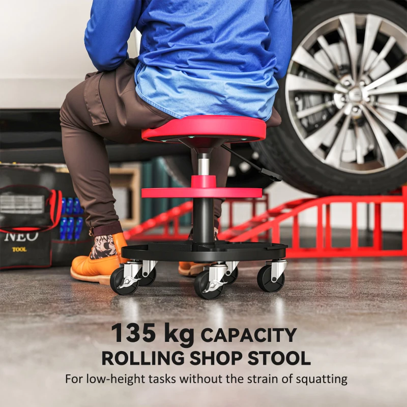 HOMCOM Rolling Garage Stool, 300 LBS Capacity Mechanic Stool with 2.5" Wheels, Tool Trays Storage, Adjustable Height, Red