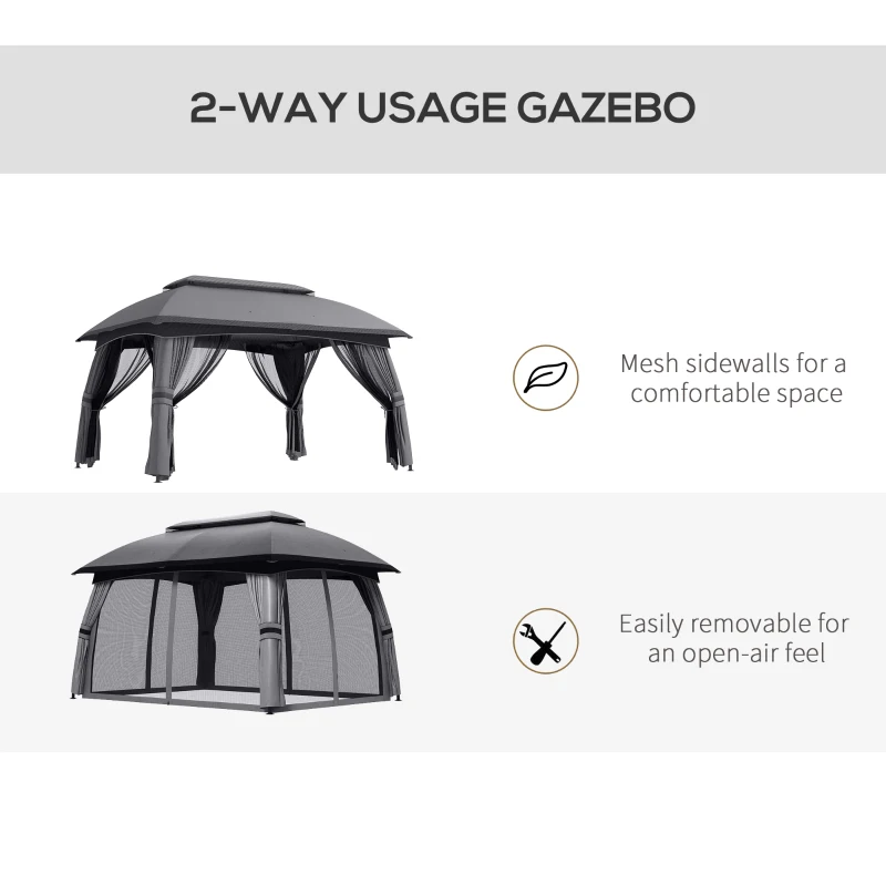 Outsunny 10' x 13' Patio Gazebo, Outdoor Gazebo Canopy Shelter with Netting, Vented Roof for Garden, Dark Gray