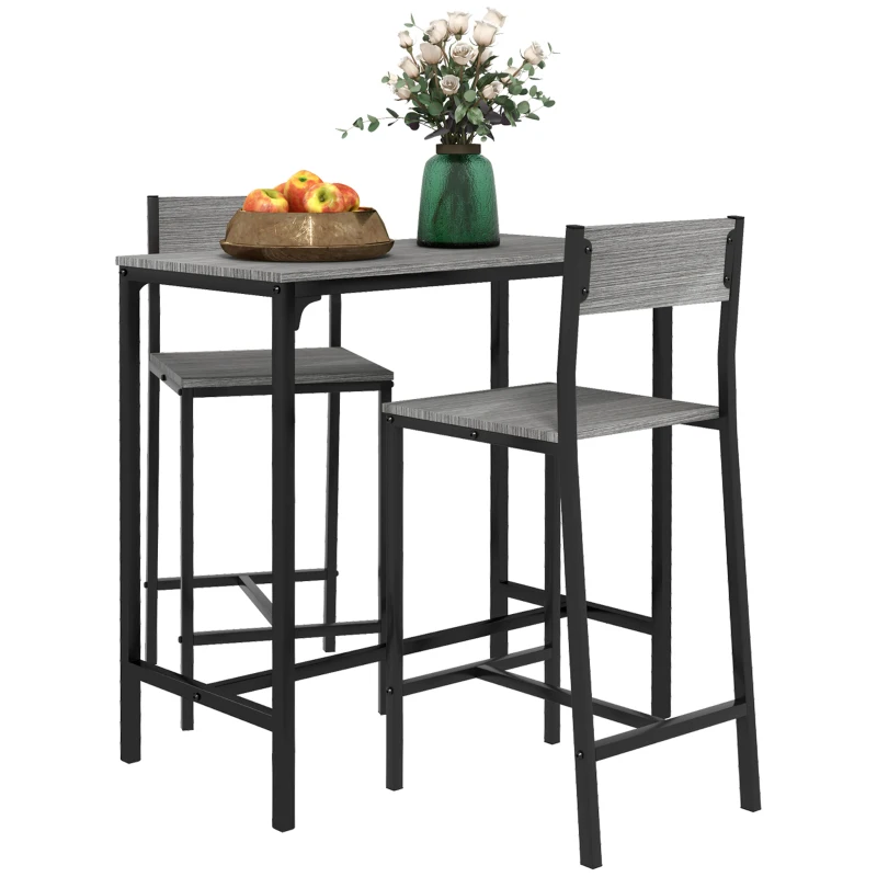 HOMCOM 3 Piece Bar Table and Chairs, Industrial Dining Table Set for 2, Counter Height Kitchen Table with Bar stools, Breakfast Table Set for 2 for Small Space, Gray