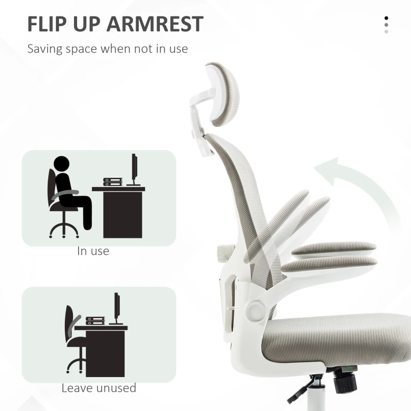 Vinsetto Office Chair, Mesh Computer Desk Chair with Adjustable Headrest, 4D Lumbar Support, Flip-up Arm, Grey