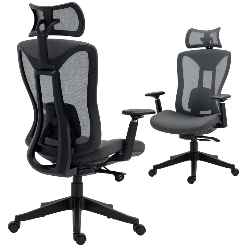 Vinsetto Ergonomic Office Chair with Adjustable Headrest, Lumbar Support, 3D Armrest, Mesh Computer Desk Chair with High Back, Swivel Reclining Seat with Tilt Function, Grey