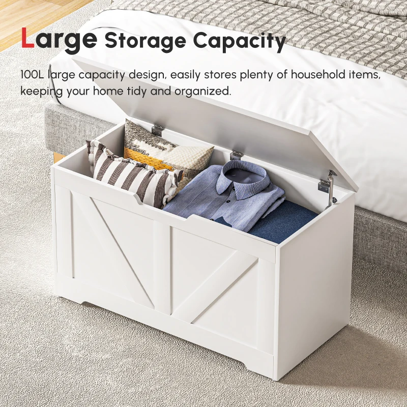 HOMCOM 31.5 Inches Storage Chest, Storage Trunk with 2 Safety Hinges, Wooden Box for Living Room, White Wood Grain