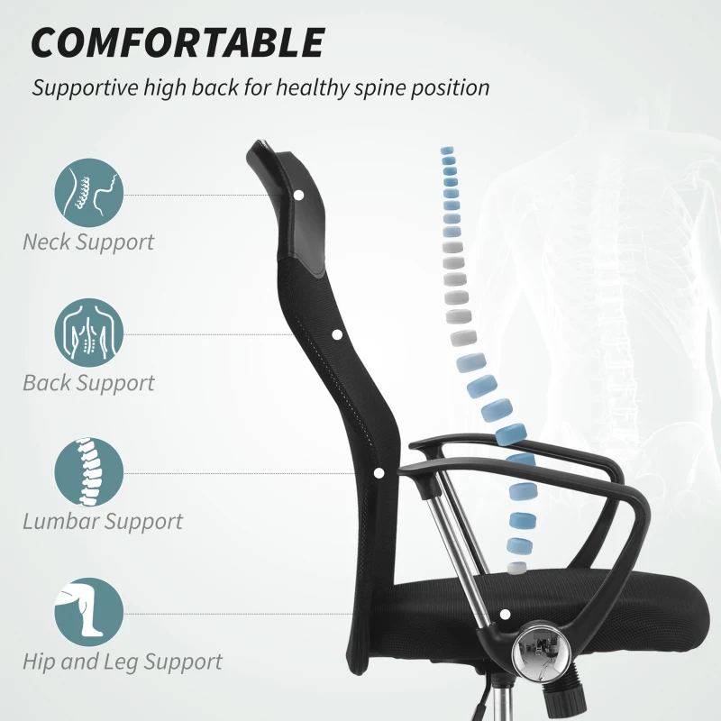 HOMCOM Ergonomic Mesh Office Chair, High Back Computer Desk Chair with Adjustable Height, Tilt Function, Armrest, 360° Swivel for Home Office, Black