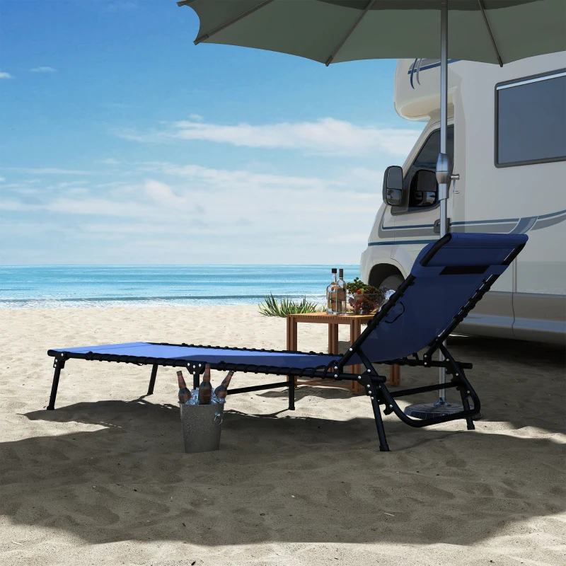 Outsunny Outdoor Folding Lounge Chair, 4-Level Adjustable Chaise Lounge, Tanning Chair Beach Bed Reclining Lounger Cot for Camping, Hiking, Backyard, Navy Blue