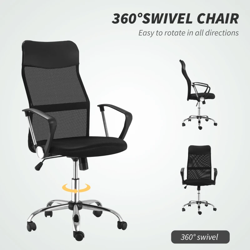 HOMCOM Ergonomic Mesh Office Chair, High Back Computer Desk Chair with Adjustable Height, Tilt Function, Armrest, 360° Swivel for Home Office, Black