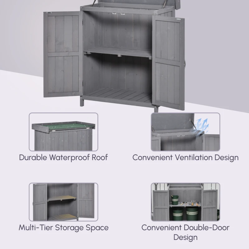 Outsunny Wooden Garden Tool Storage Shed Kit with Hinged Roof, 2-Tier Shelves and Double Doors, 74x43x88cm, Dark Grey