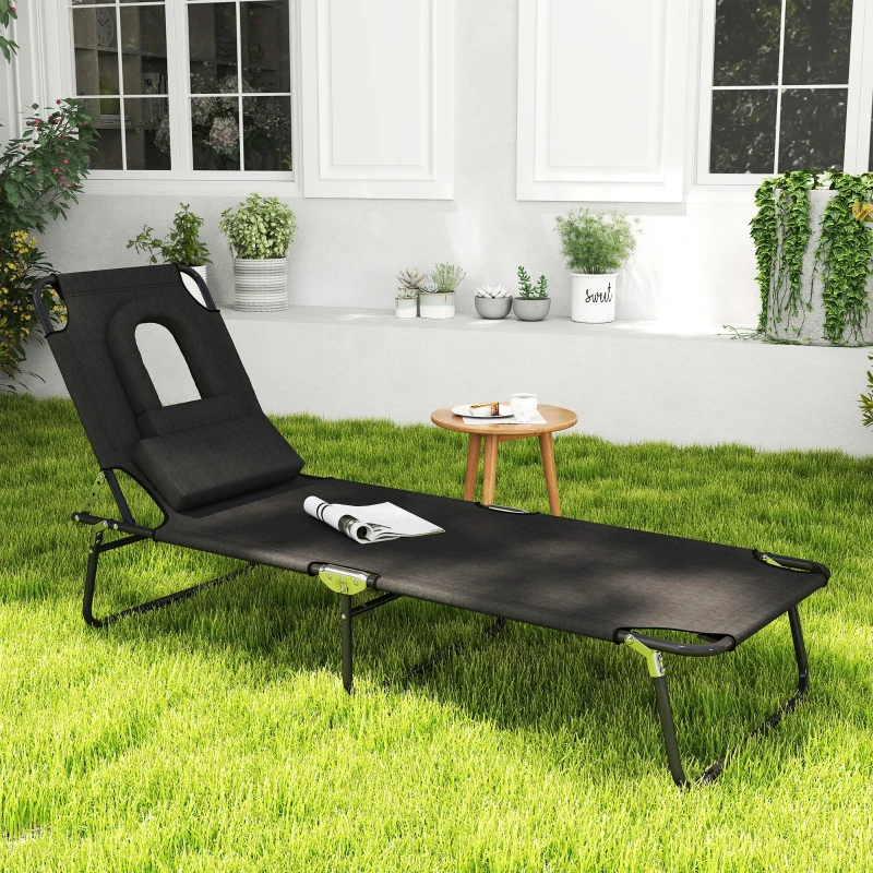 Outsunny Adjustable Outdoor Lounge Chair, Garden Folding Chaise Lounge with Face Hole Reclining Tanning Chair Seat, Folding Camping Beach Lounging Bed w/ Support Pillow, Black